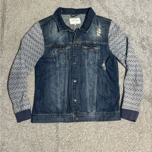 Women’s Blue Denim Jacket with Patterned Gray Sleeves